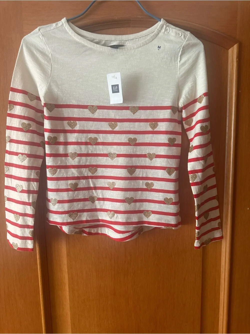 GapKids Girls Red & White Long-Sleeve Shirt with Gold Glitter Hearts Size M(8)